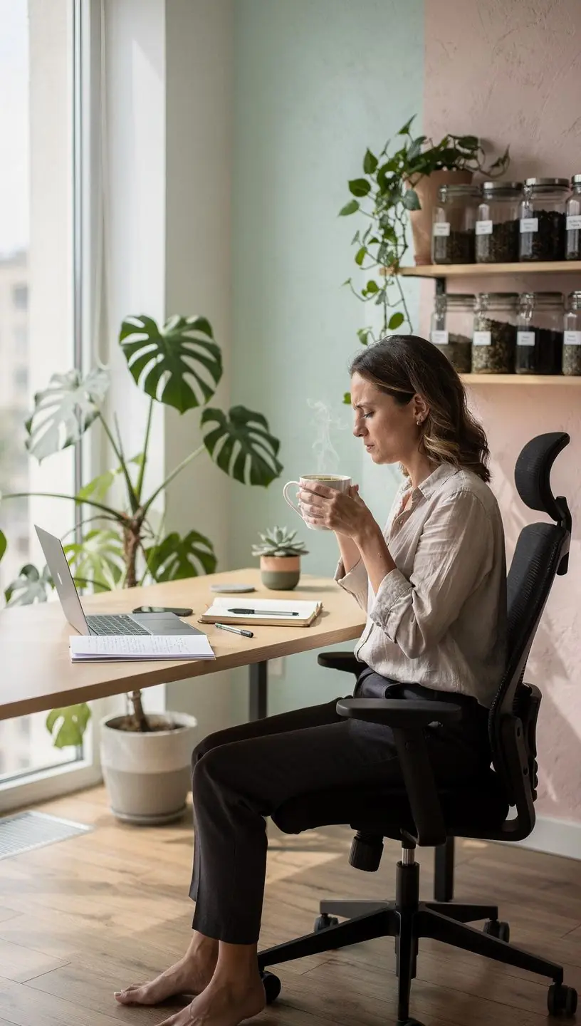 Rami vakaro aplinka su žvakių šviesa ir arbatos puodeliu.