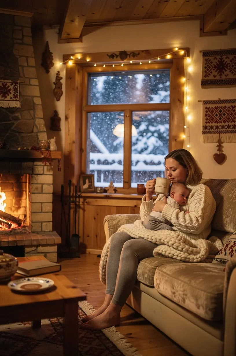 Žmogaus ranka laikanti arbatos puodelį, fone užrašai apie streso valdymą.