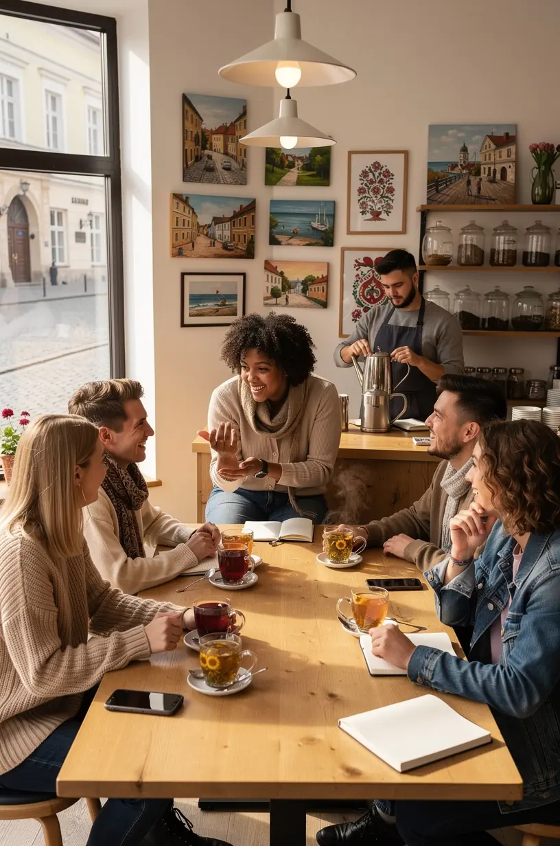 Šiltoje patalpoje stalas su arbatos rinkiniu ir knyga apie poilsio metodus.