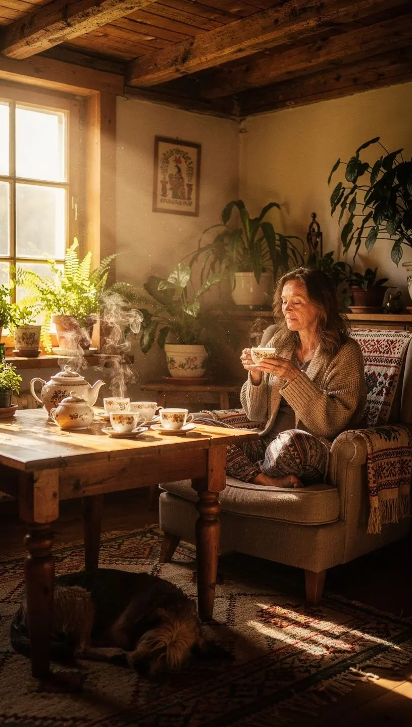 Arbatos puodelis šalia užrašų knygelės su stresą mažinančių patarimų.